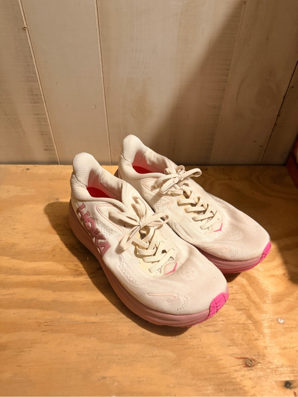 Hoka Women's Cream and Pink Athletic Running Shoes